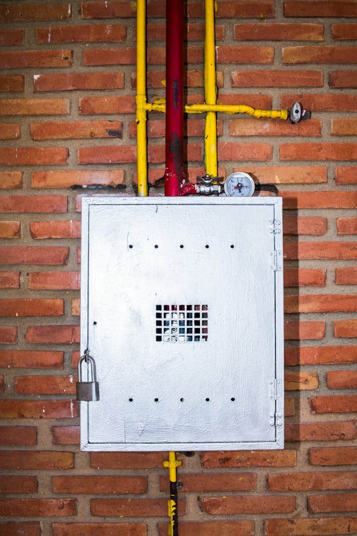 Close view of an industrial gas meter with pipes and pressure gauge against a brick wall.